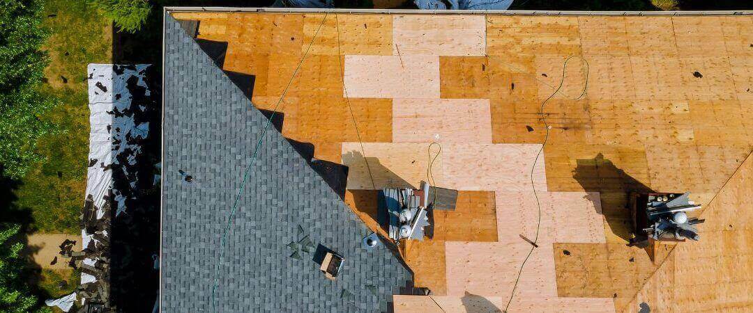 Overhead view of roof being replaced